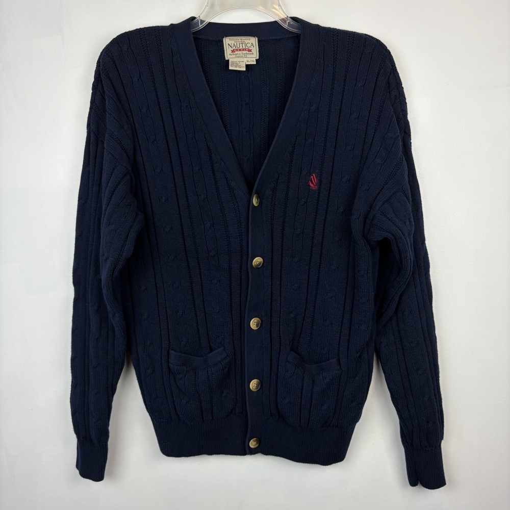 Vintage Cardigan Sweater Mens XL Blue Cotton Cable Knit Grandpa Academia 90s